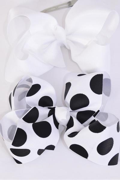 Hair Bow Jumbo White Black Polka dots Mix Grosgrain Bow-tie / 12 pcs Bow = Dozen  Alligator Clip , Size-6"x 5" Wide , 6 of each Pattern Mix , Clip Strip & UPC Code