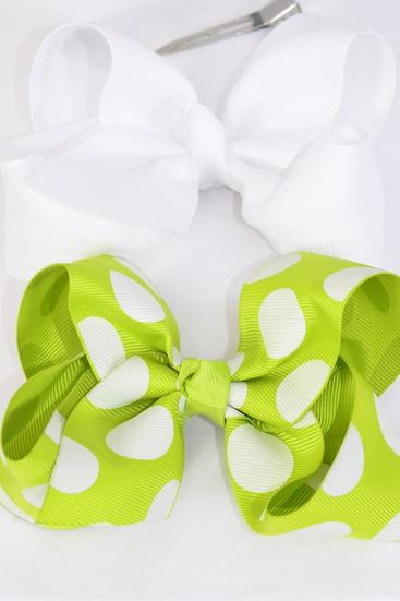 Hair Bow Jumbo Polka dot White & Lime Green Mix Grosgrain Bow-tie / 12 pcs Bow = Dozen  Alligator Clip , Size-6"x 5" Wide , 6 of each Pattern Mix , Clip Strip & UPC Code