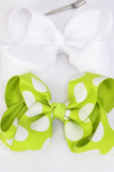 Hair Bow Jumbo Polka dot White & Lime Green Mix Grosgrain Bow-tie / 12 pcs Bow = Dozen  Alligator Clip , Size-6"x 5" Wide , 6 of each Pattern Mix , Clip Strip & UPC Code