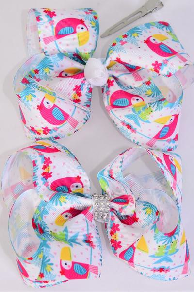 Hair Bow Jumbo Bird Cute Toucan Grosgrain Bow-tie / 12 pcs Bow = Dozen Toucan , Alligator Clip , Size - 6" x 5" Wide , 6 of each Pattern Asst , Clip Strip & UPC Code