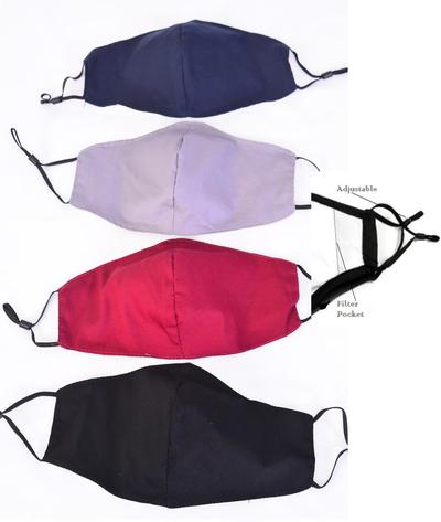Face Mask , Washable , Reusable and Multi Layered Cloth Face Covering / 24 pcs = Dozen  Ear Loops , Personal Protection , Washable , OPP Bag , Filter Pocket , Filter Not Included , Individual Ziploc Bag , 3 Of Each Color Asst