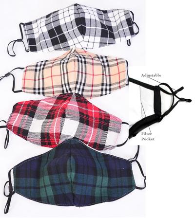 Face Mask , Plaid Washable , Reusable and Multi Layered Cloth Face Covering / 24 pcs = Doze 3 Of Each Color Asst , Ear Loops , Personal Protection , Washable , Filter Pocket , Filter Not Included , Individual Ziploc Bag 