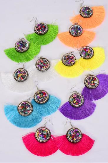 Earrings Fringe Tassels Multi/DZ **Multi** Fish Hook,Size-3"x 2.25" Wide,2 Fuchsia,2 Blue,2 White,2 Purple,2 Yellow,1 Orange,1 Lime Asst,Earring Card & OPP Bag & UPC Code