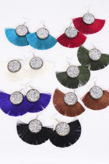 Earrings Fringe Tassels Multi / 12 pair = Dozen Fish Hook , Size - 3" x 2.25" Wide , 2 Bk , 2 Fuchsia , 2 Teal Blue , 2 White , 2 Purple , 1 Orange , 1 Green Asst , Earring Card & OPP Bag & UPC Code