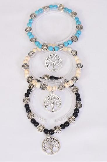 Bracelet 8 mm Semiprecious Stone Tree of Life Charm / 12 pcs = Dozen  Stretch , Black , 4 Ivory , 4 Turquoise Color Asst , Hang Tag & Opp Bag & UPC Code