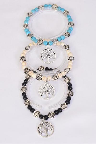Bracelet 8 mm Semiprecious Stone Tree of Life Charm / 12 pcs = Dozen  Stretch , Black , 4 Ivory , 4 Turquoise Color Asst , Hang Tag & Opp Bag & UPC Code