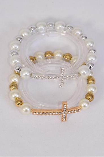 Bracelet Sideways Cross Rhinestone 10 mm Glass Pearl & 8 mm CCB Stretch/DZ **Stretch** Cross Size-1.5"x 1" Wide,6 Gold, 6 Silver Mix,Hang Tag & OPP bag & UPC Code