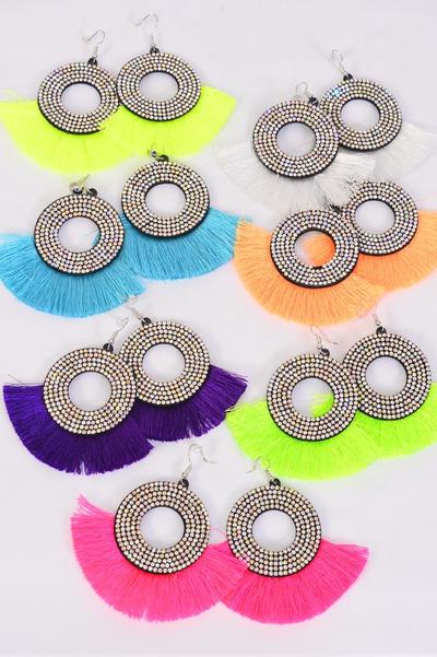 Earrings Fringe Tassels Multi / 12 Pair = Dozen Fish Hook , Size-3"x 2.5" Wide ,2 Fuchsia ,2 Turquoise ,2 White ,2 Purple, 2 Yelloe, 1 Orange,1 Lime Asst, Earring Card & OPP Bag & UPC Code