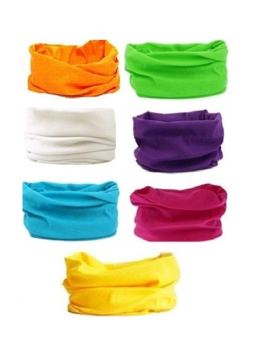 Neck Gaiter Multifunction Scarf Face Mask Multi /  12 pcs = Dozen Unisex , Size - 20" x 9 1/2" Wide , 2 Fuchsia ,2 Blue ,2 White ,2 Purple ,2 Yellow ,1 Orange ,1 Lime Color Asst ,Hang tag & OPP bag & UPC Code