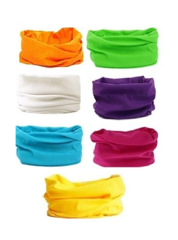 Neck Gaiter Multifunction Scarf Face Mask Multi /  12 pcs = Dozen Unisex , Size - 20" x 9 1/2" Wide , 2 Fuchsia ,2 Blue ,2 White ,2 Purple ,2 Yellow ,1 Orange ,1 Lime Color Asst ,Hang tag & OPP bag & UPC Code