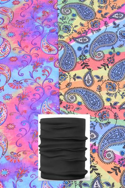 Neck Gaiter Multi function Scarf Face Mask Paisley Tiedye / 12 pcs = Dozen  Unisex , Size - 20" x 9" Wide , 6 Of each Pattern Asst , Hang tag & OPP bag & UPC Code