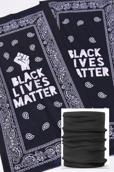 Neck Gaiter Multifunction Scarf Face Mask Black Lives Matter / Face Mask , Washable , Reusable and Multi Layered Cloth Face Covering / 12 pcs = Dozen  Unisex , Size - 20" x 9 1/2" Wide , 6 Of Each Pattern Asst , Hang tag & OPP bag & UPC Code