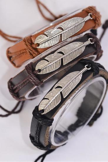 Bracelet Real Leather Western like Feather Symbol / 12 pcs = Dozen Unisex , Adjustable , 4 of each Pattern Asst , Hang Tag & OPP Bag & UPC Code