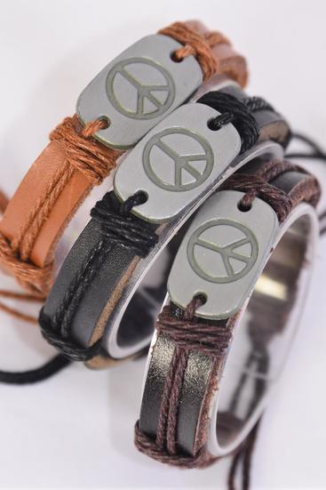 Bracelet Real Leather Band Peace Sign Symbol / 12 pcs = Dozen   Unisex , Adjustable , 4 of each Pattern Mix , Hang tag & OPP Bag & UPC Code