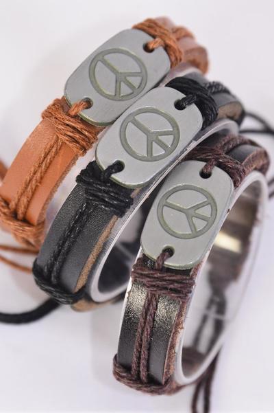 Bracelet Real Leather Band Peace Sign Symbol / 12 pcs = Dozen   Unisex , Adjustable , 4 of each Pattern Mix , Hang tag & OPP Bag & UPC Code
