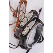 Bracelet Real Leather Silver Feather Symbol/DZ **Unisex** Adjustable,4 of each Color Asst,Hang Tag &amp; OPP Bag &amp; UPC Code