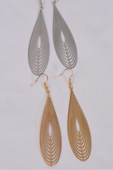 Earrings Laser Cut Stainless Steel Filigree Teardrop Gold Silver Mix /12 pair = Dozen  Fish Hook , Size - 2" x 0.75" Wide , 6 Silver , 6 Gold Mix , Earring Card & OPP bag & UPC Code