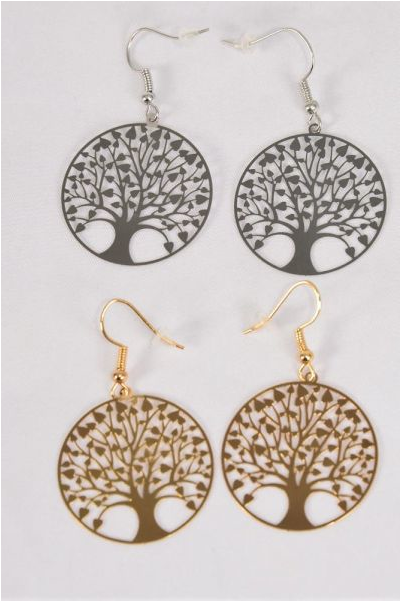 Earrings Laser Cut Stainless Steel Tree of Life Gold Silver Mix / 12 pair = Dozen Fish Hook , Size-1.25" Wide , 6 Silver , 6 Gold Mix , Earring Card & OPP bag & UPC Code