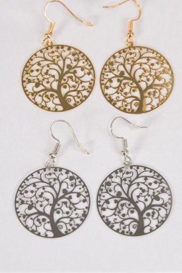 Earrings Laser Cut Stainless Steel Tree of Life G/S/DZ **Fish Hook** Size-1.25" Wide,6 Silver & 6 Gold Mix,Earring Card & OPP bag & UPC Code