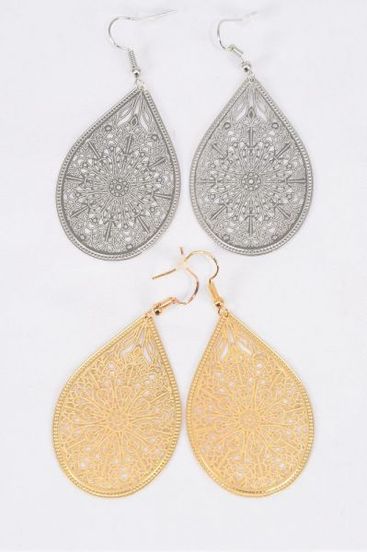 Earrings Laser Cut Stainless Steel Teardrop Gold Silver Mix / 12 pair = Dozen Fish Hook , Size-2.5"x 1.5" Wide , 6 Silver & 6 Gold Mix , Earring Card & OPP bag & UPC Code
