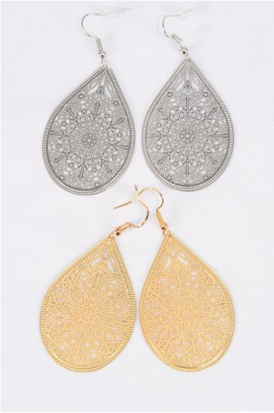 Earrings Laser Cut Stainless Steel Teardrop Gold Silver Mix / 12 pair = Dozen Fish Hook , Size-2.5"x 1.5" Wide , 6 Silver & 6 Gold Mix , Earring Card & OPP bag & UPC Code