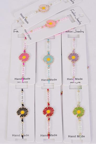 Bracelet Gold Daisy Enamel Multi / 12 pcs = Dozen Match 00087 Pull-String , Adjustable , 12 Color Mix , Individual Hang tag & OPP Bag & UPC Code