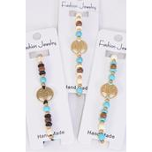 Bracelet Gold Tree Of Life Wooden bead & Semiprecious Stone/DZ **Pull-String** Adjustable,4 Of each Color Asst,Individual Hang Tag & OPP Bag & UPC Code