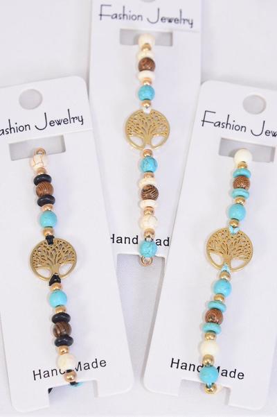Bracelet Gold Tree Of Life Wooden bead & Semiprecious Stone / 12 pcs = Dozen Pull-String , Adjustable , 4 Of each Color Asst , Individual Hang Tag & OPP Bag & UPC Code
