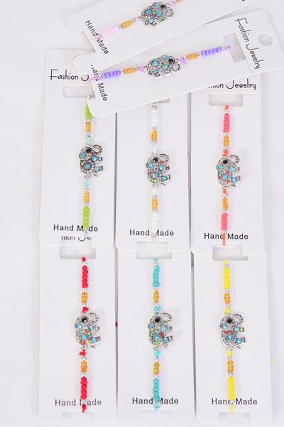 Bracelet Cute Elephant Indian Beads Multi /  12 pcs = Dozen Pull-String , Adjustable , 12 Color Mix , Individual Hang tag & OPP Bag & UPC Code