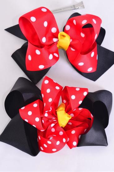 Hair Bow Jumbo Double Layered Polka dots Grosgrain Bow-tie / 12 pcs Bow = Dozen  Alligator Clip , Size - 6" x 5" Wide , 6 Of Each Pattern Asst , Clip Strip & UPC Code