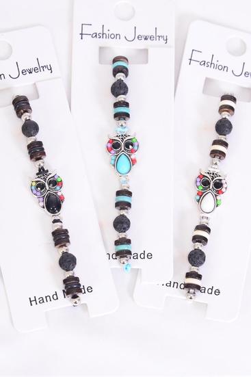 Bracelet Owl Semiprecious Stone W Lava Rock Mix / 12 pcs = Dozen Pull-String , Adjustable 3 Of each Color Asst , Hang Tag & OPP Bag & UPC Code