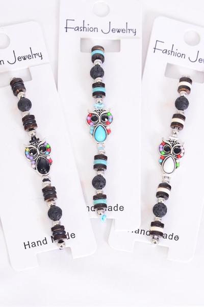 Bracelet Owl Semiprecious Stone W Lava Rock Mix / 12 pcs = Dozen Pull-String , Adjustable 3 Of each Color Asst , Hang Tag & OPP Bag & UPC Code