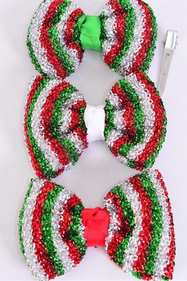 Hair Bow Large Metallic Red White Green Mix Grosgrain Bow-tie / 12 pcs Bow = Dozen  Christmas , Alligator Clip , Size - 5" x 4" Wide , 4 of each Color Asst , Clip Strip & UPC Code