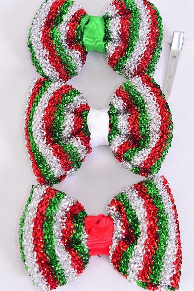 Hair Bow Large XMAS Metallic Red White Green Mix Grosgrain Bow-tie / 12 pcs Bow = Dozen Christmas , Alligator Clip , Size-5"x 4" Wide , 4 of each Color Asst , Clip Strip & UPC Code
