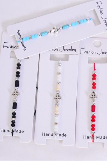 Bracelet Cross Semiprecious Stone / 12 pcs = Dozen  Pull-String , Adjustable , 3 of each Color Mix , Individual Hang tag & OPP Bag & UPC Code