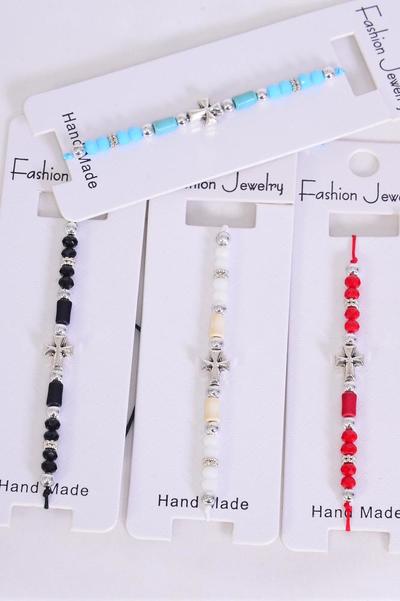 Bracelet Cross Semiprecious Stone / 12 pcs = Dozen  Pull-String , Adjustable , 3 of each Color Mix , Individual Hang tag & OPP Bag & UPC Code