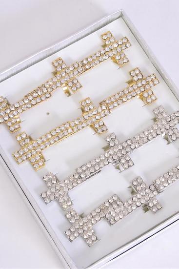 Rings Cross Metal Gold Color Rhinestones / 12 pcs = Dozen Adjustable , Cross Size - 1.75" x 1" Wide , 6 Gold , 6 Silver Mix , 1Dz Velvet Display Window Box & OPP bag & UPC code