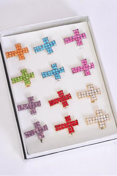 Rings Metal Cross Color Rhinestones/DZ **Adjustable** Cross Size-1"x 1.5" Wide,2 Red,2 Clear,2 Aqua,2 Purple,2 Fuchsia,1 Yellow,1 Lime, 7 Color Asst