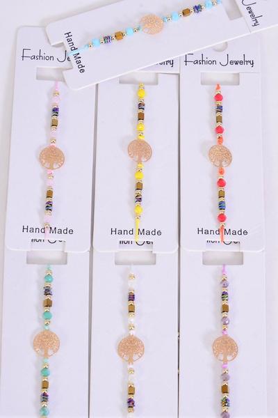 Bracelet Tree Of Life Filigree Gold Plated Stainless Steel Glass Crystal Mix Multi / 12 pcs = Dozen  Pull-String , Adjustable , 2 White ,2 Pink ,2 Purple ,2 Blue ,2 Yellow ,1 Mint Green ,1 Orange Mix , Individual Hang tag & OPP Bag & UPC Code