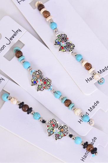Bracelet Butterfly Semiprecious Stone W Lava Rock Mix / 12 pcs = Dozen Pull-String , Adjustable , 3 Of each Pattern Asst , Individual Hang Tag & OPP Bag & UPC Code