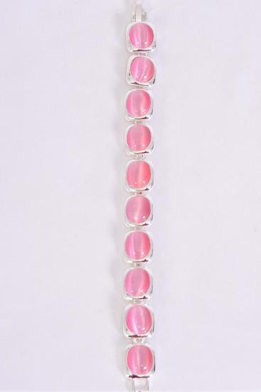 Bracelet Cateye Oblong Silver Pink / 12 pcs = Dozen Pink , Size - 7" Long , Display Card & OPP Bag & UPC Code