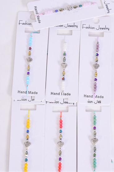 Bracelet Heart Antique Asst Glass Crystal Multi / 12 pcs = Dozen Pull-String , Adjustable ,12 Pattern Mix , Individual Hang tag & OPP Bag & UPC Code