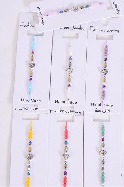 Bracelet Heart Antique Asst Crystal Multi / 12 pcs = Dozen Pull-String , Adjustable , 12 Pattern Mix , Individual Hang tag & OPP Bag & UPC Code