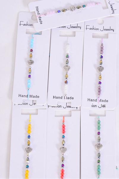 Bracelet Heart Antique Asst Glass Crystal Multi / 12 pcs = Dozen Pull-String , Adjustable ,12 Pattern Mix , Individual Hang tag & OPP Bag & UPC Code