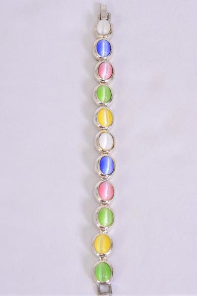 Bracelet Cat eye Oval Silver Pastel / 12 pcs = Dozen Pastel , Size - 7" Long , Display Card & OPP Bag & UPC Code          