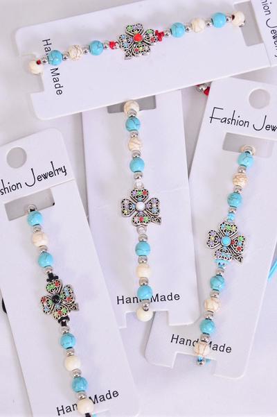 Bracelet Clover Semiprecious Stone Multi Color Stone Mix / 12 pcs = Dozen Clover , Pull-String , Adjustable , 3 Of each Pattern Asst , Individual Hang Tag & OPP Bag & UPC Code