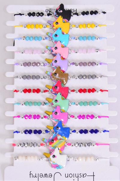 Bracelet Enamel Unicorn Glass Crystals / 12 pcs = Dozen match 00076  Pull-String , Adjustable , 12 Color Mix , Individual Hang tag & OPP Bag & UPC Code