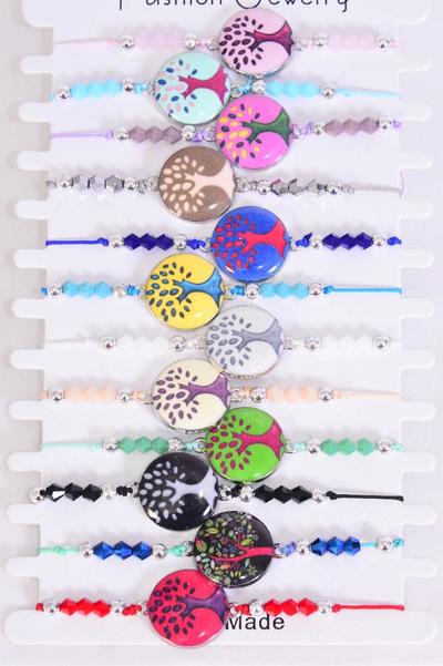 Bracelet Enamel Tree Of Life Multi / 12 pcs = Dozen Pull-String , Adjustable , 12 Color Mix ,  Hang tag & OPP Bag & UPC Code , 1 Dozen per Card