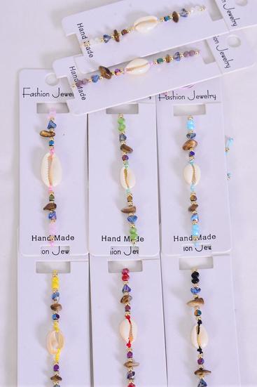 Bracelet Real Seashell Pull-String Multi / 12 pcs = Dozen Pull String , Adjustable , 12 Color Asst , Individual Hang Tag & OPP Bag & UPC Code