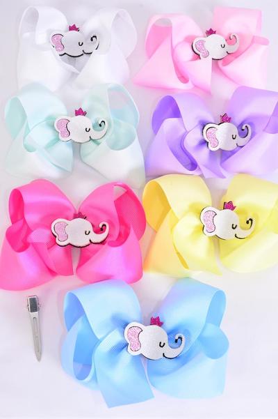 Hair Bow Jumbo Metallic Elephant Charm Pastel Grosgrain Bow-tie / 12 pcs Bow = Dozen Alligator Clip , Size - 6" x 5" Wide , 2 White , 2 Pink , 1 Blue , 1 Yellow , 2 Lavender , 2 Hot Pink ,2 Mint Green Color Asst , Clip Strip & UPC Code